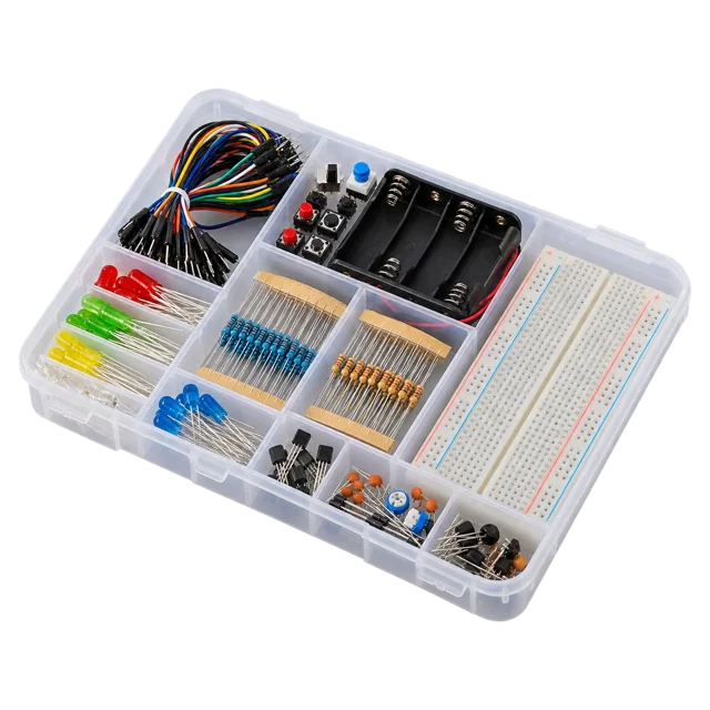 Illustrative electronics kit with a breadboard, wires, resistors and LEDs in a compartment tray